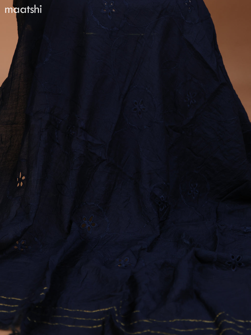 Dark Rust and Dark Navy Blue Cotton Dress Material With Allover Kalamkari Prints & Patch Work Neck Pattern and Bottom & Dupatta