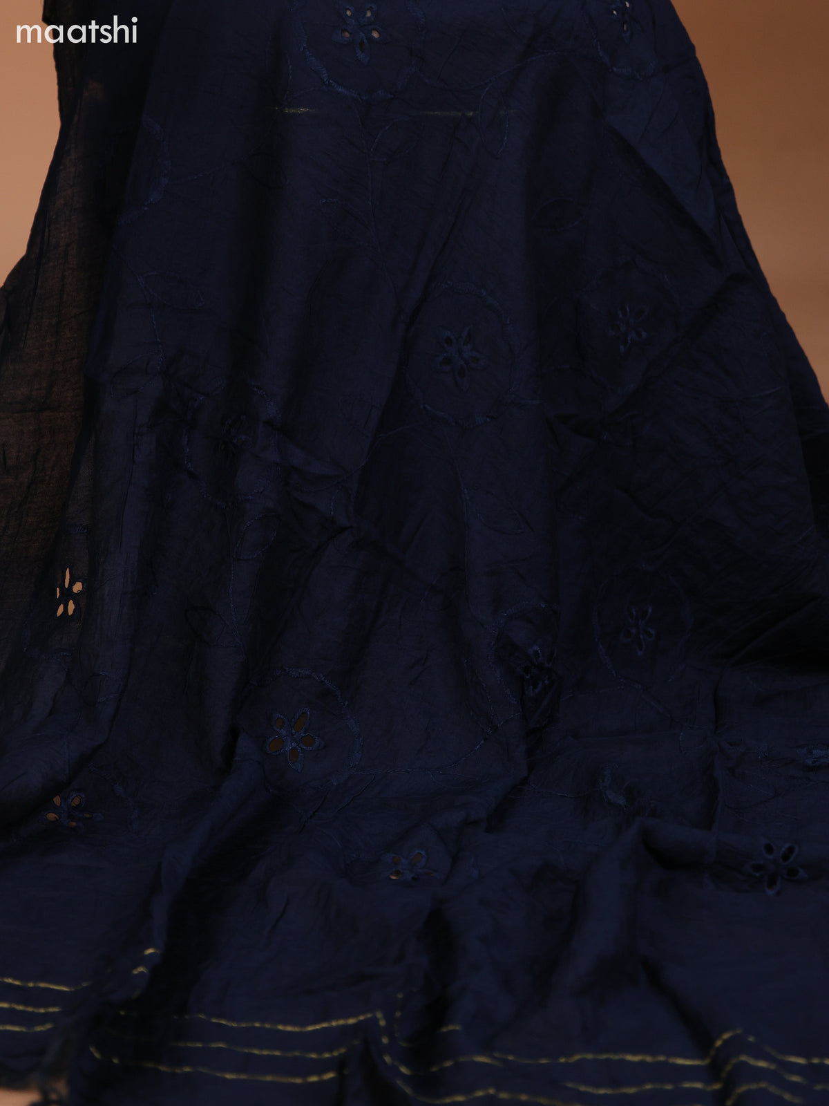 Dark Rust and Dark Navy Blue Cotton Dress Material With Allover Kalamkari Prints & Patch Work Neck Pattern and Bottom & Dupatta