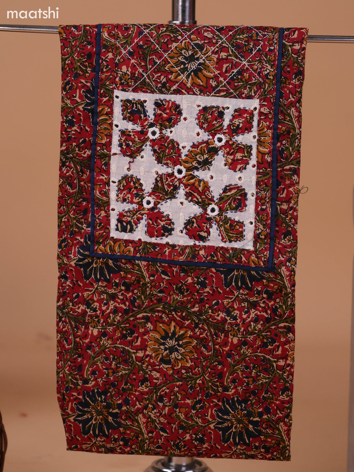 Dark Rust and Dark Navy Blue Cotton Dress Material With Allover Kalamkari Prints & Patch Work Neck Pattern and Bottom & Dupatta