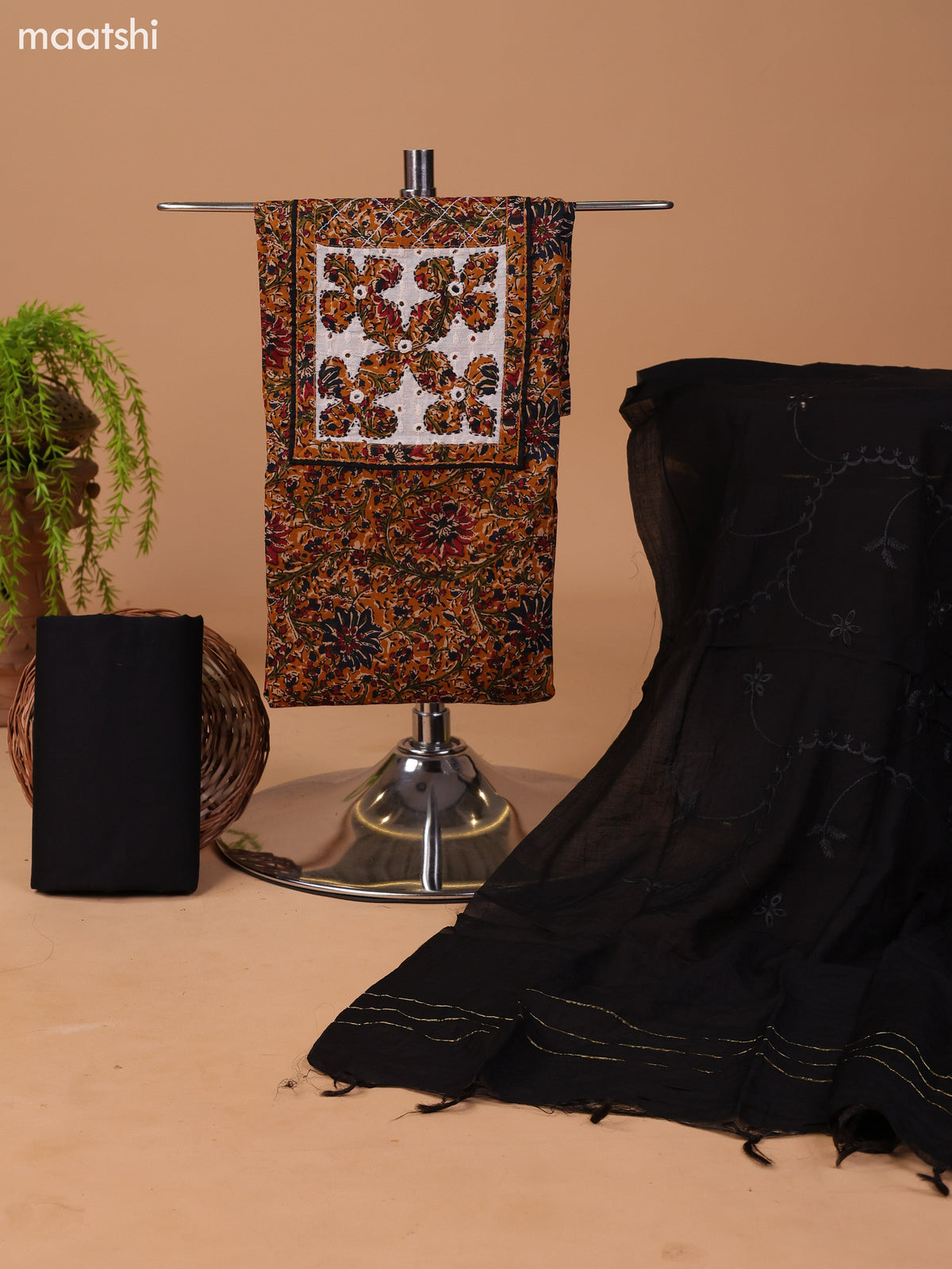 Mustard Yellow and Black Cotton Dress Material With Allover Kalamkari Prints & Patch Work Neck Pattern and Bottom & Dupatta