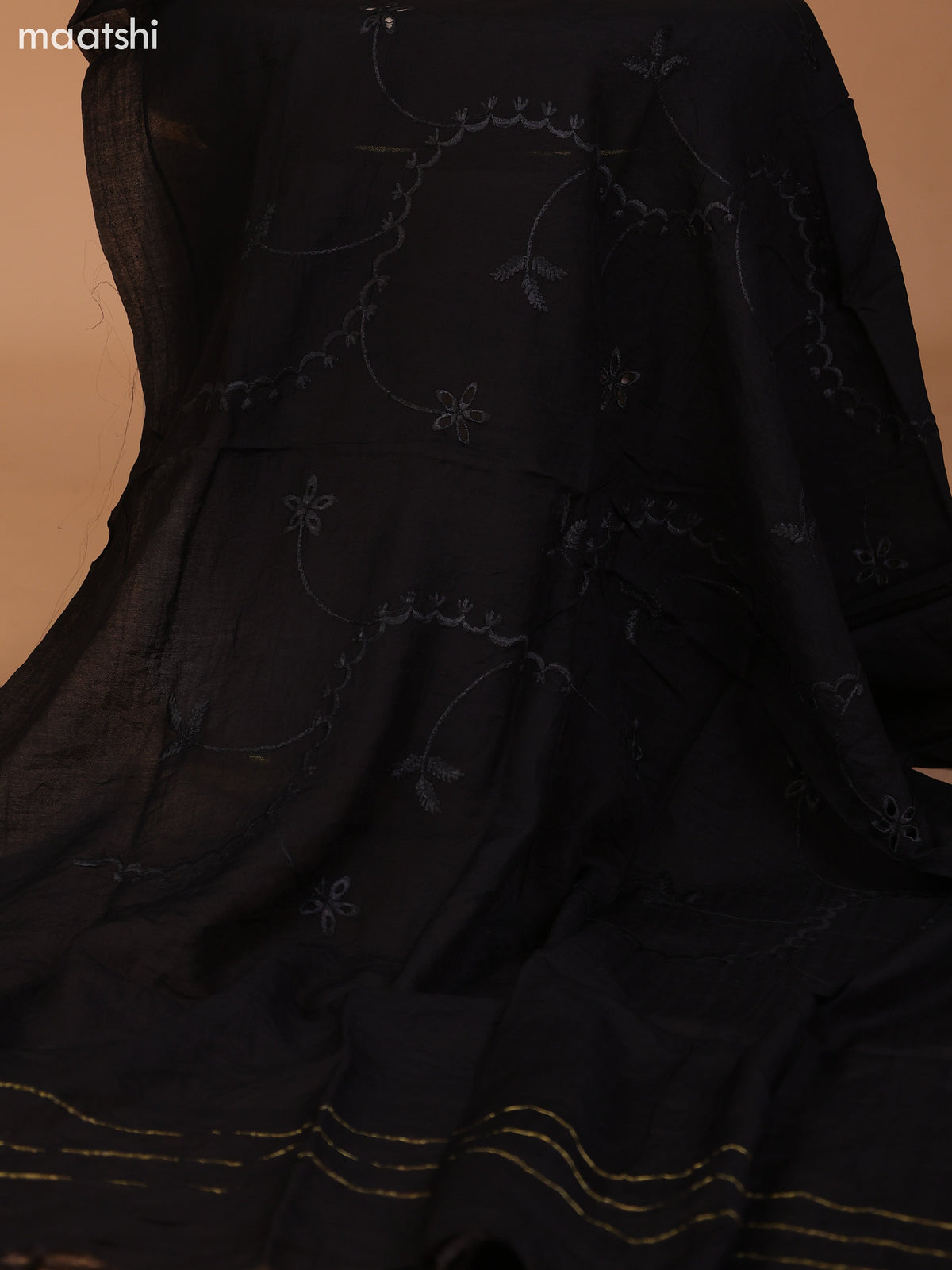 Mustard Yellow and Black Cotton Dress Material With Allover Kalamkari Prints & Patch Work Neck Pattern and Bottom & Dupatta