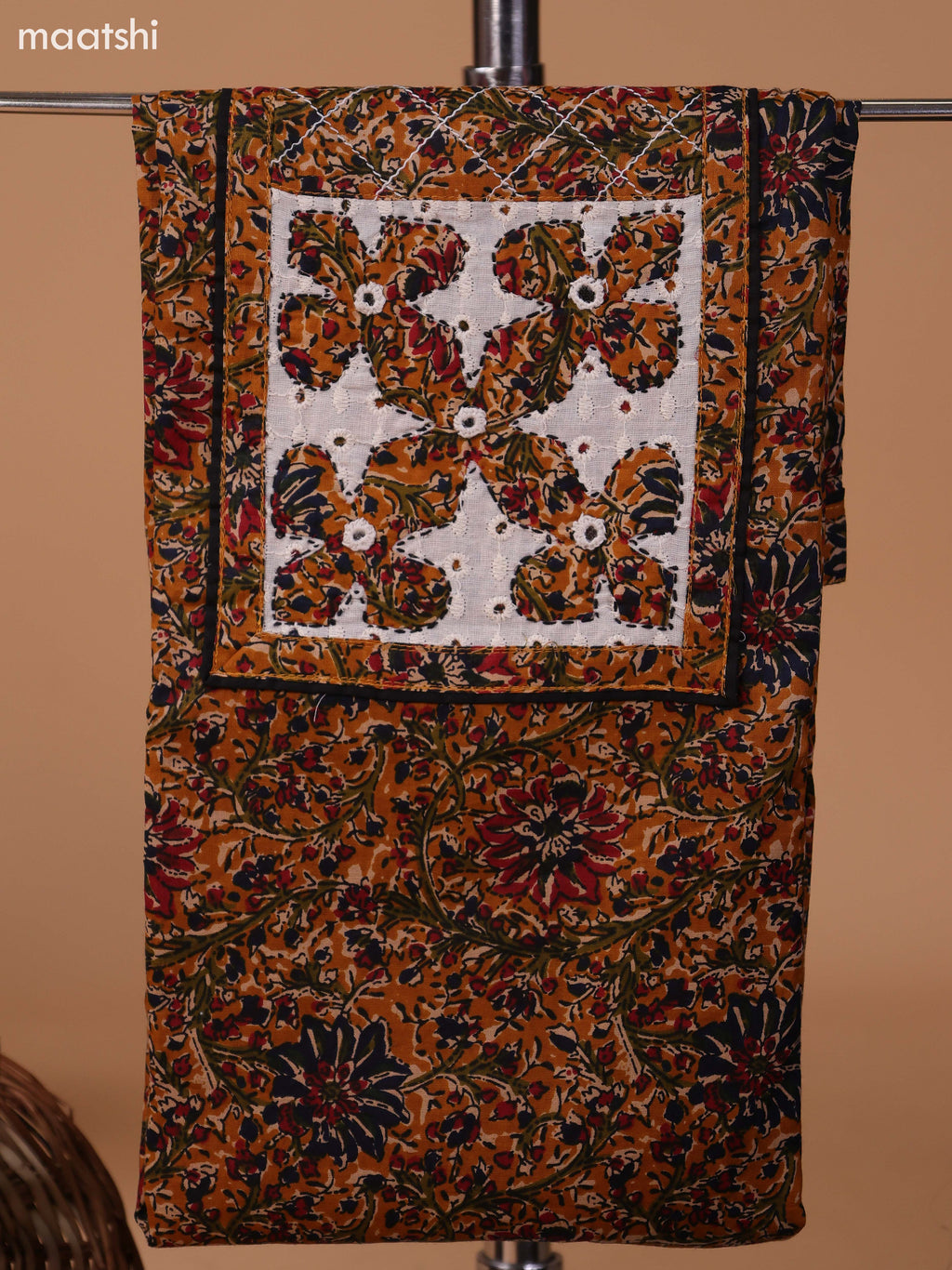 Mustard Yellow and Black Cotton Dress Material With Allover Kalamkari Prints & Patch Work Neck Pattern and Bottom & Dupatta