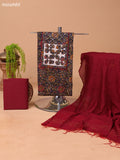 Dark Navy Blue and Maroon Cotton Dress Material With Allover Kalamkari Prints & Patch Work Neck Pattern and Bottom & Dupatta