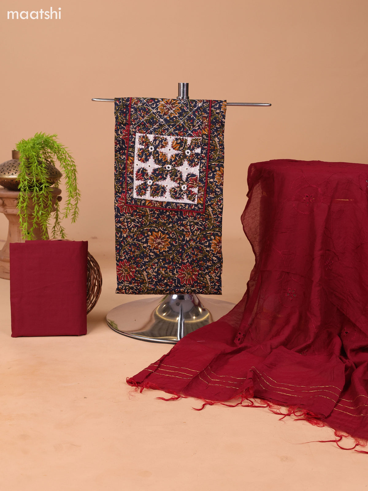 Dark Navy Blue and Maroon Cotton Dress Material With Allover Kalamkari Prints & Patch Work Neck Pattern and Bottom & Dupatta