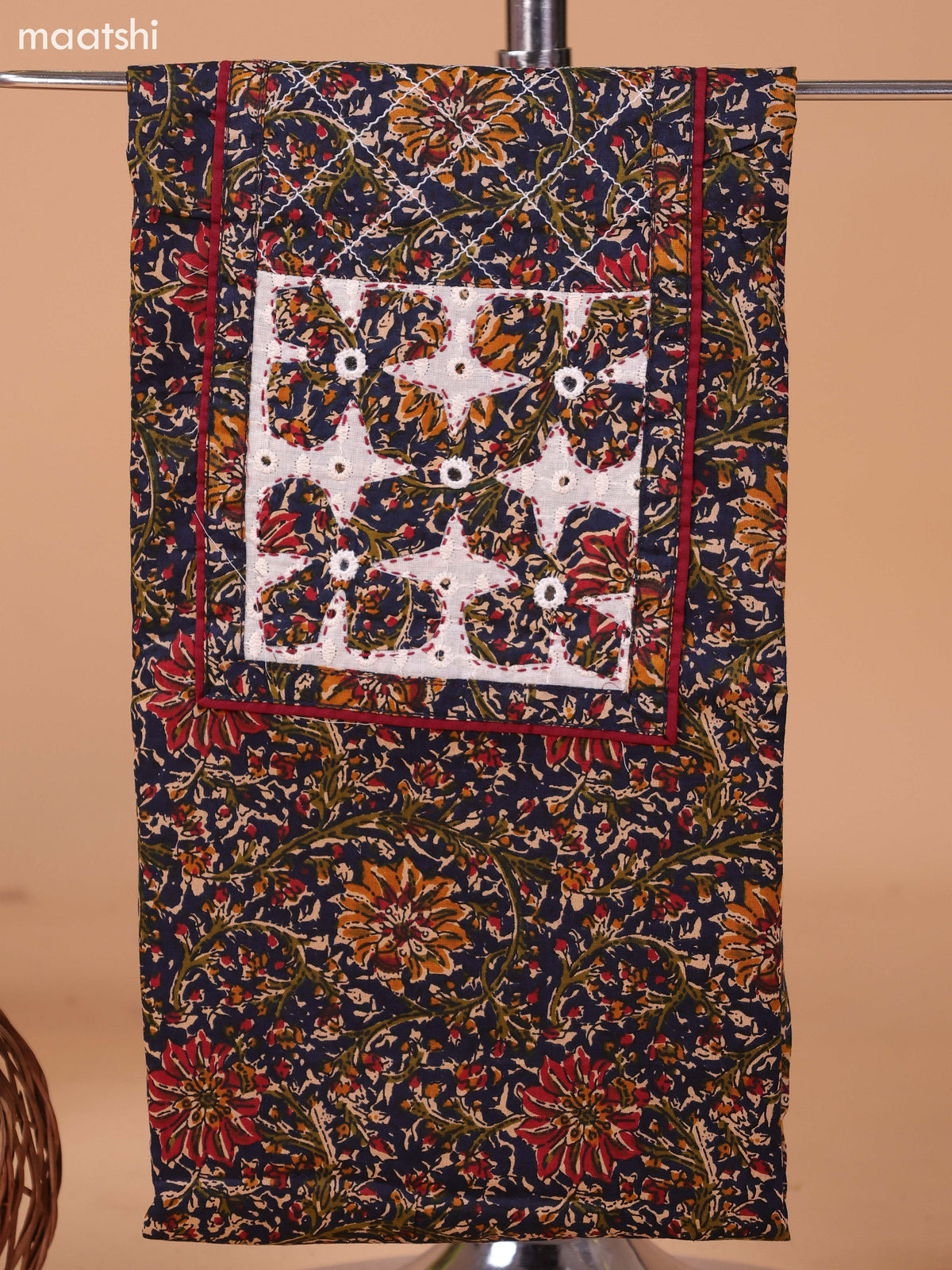 Dark Navy Blue and Maroon Cotton Dress Material With Allover Kalamkari Prints & Patch Work Neck Pattern and Bottom & Dupatta