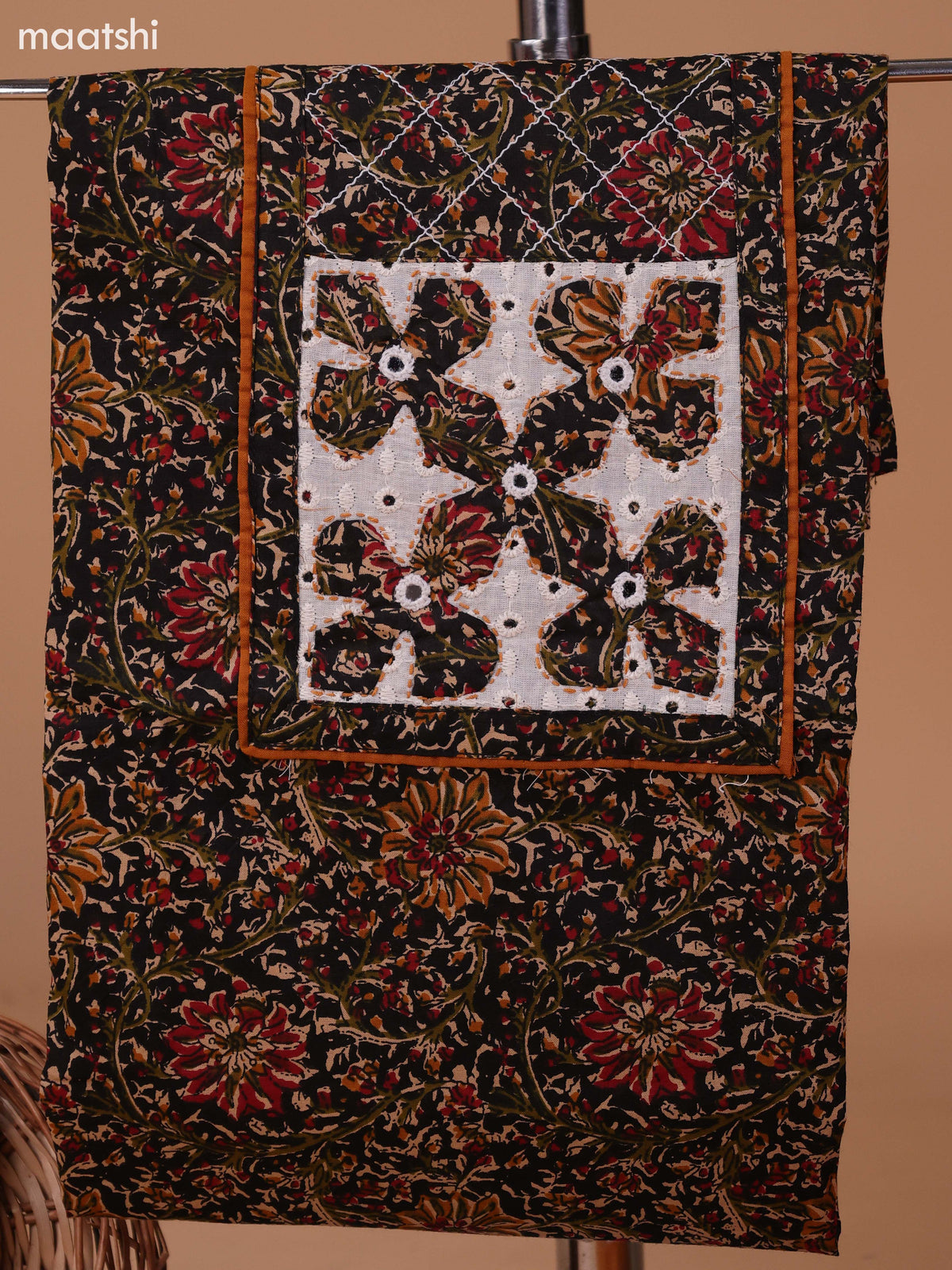 Black and Dark Mustard Cotton Dress Material With Allover Kalamkari Prints & Patch Work Neck Pattern and Bottom & Dupatta