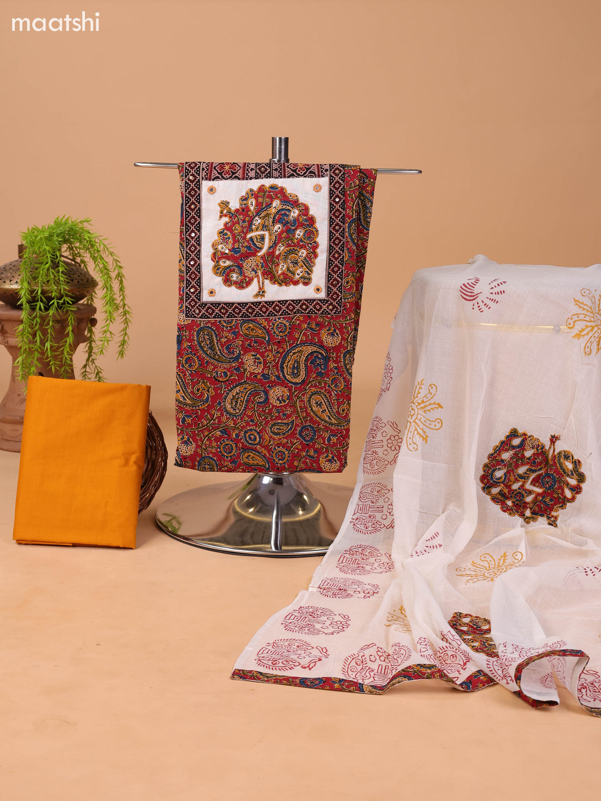 Maroon and Mango Yellow Cotton Dress Material With Allover Kalamkari Prints & Patch Work Neck Pattern and Bottom & Dupatta
