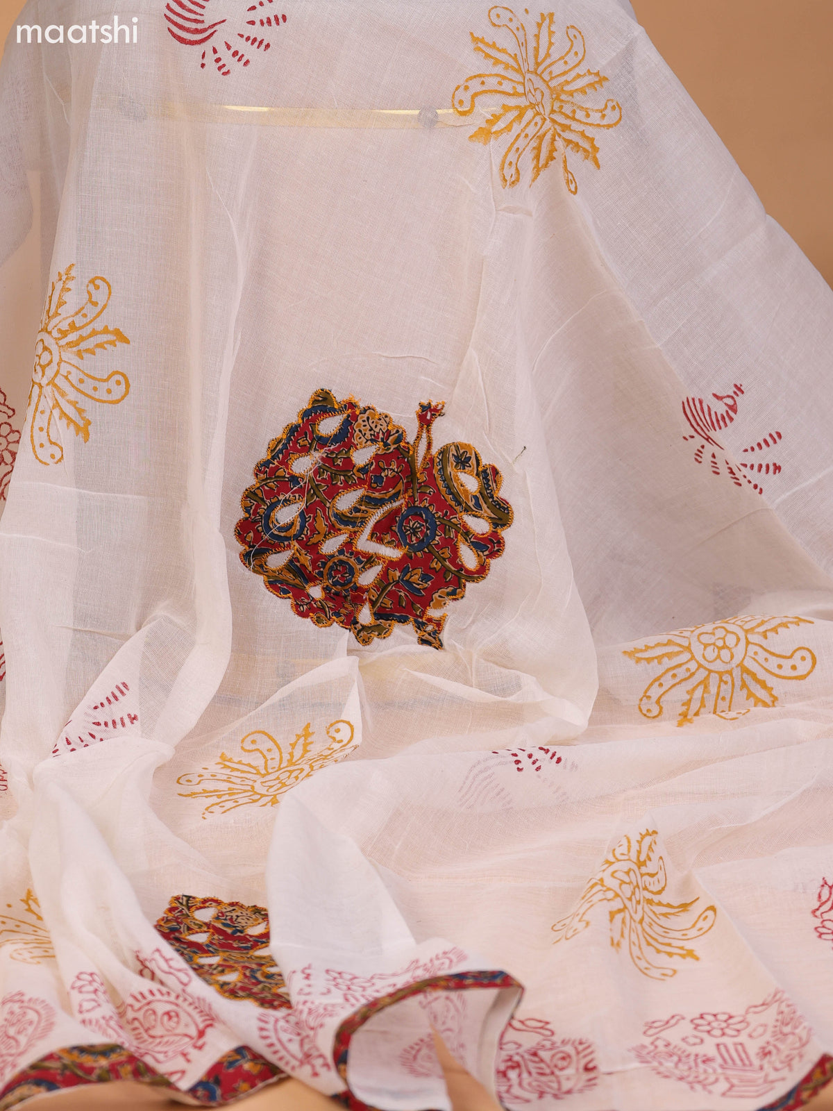 Maroon and Mango Yellow Cotton Dress Material With Allover Kalamkari Prints & Patch Work Neck Pattern and Bottom & Dupatta