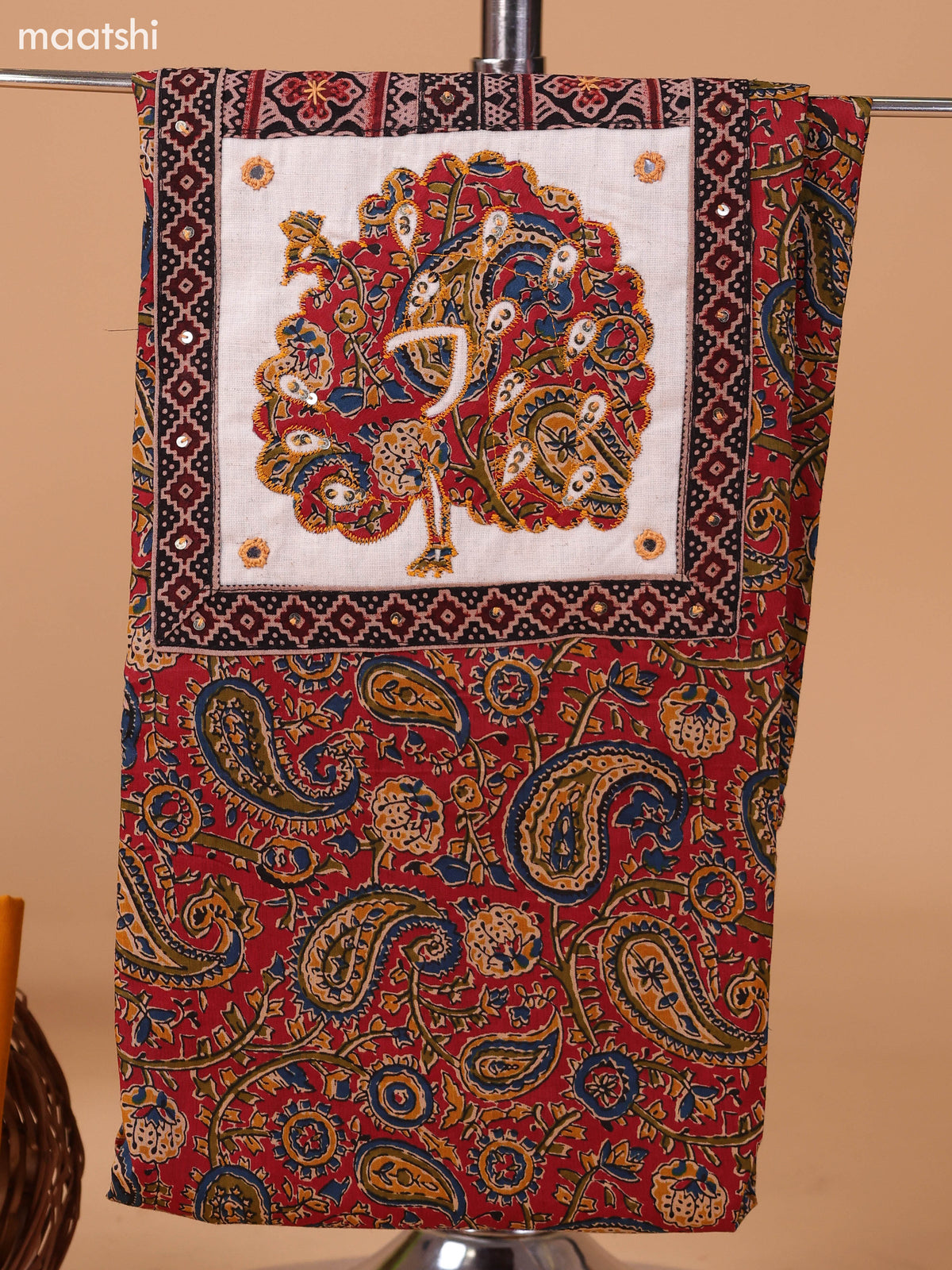 Maroon and Mango Yellow Cotton Dress Material With Allover Kalamkari Prints & Patch Work Neck Pattern and Bottom & Dupatta