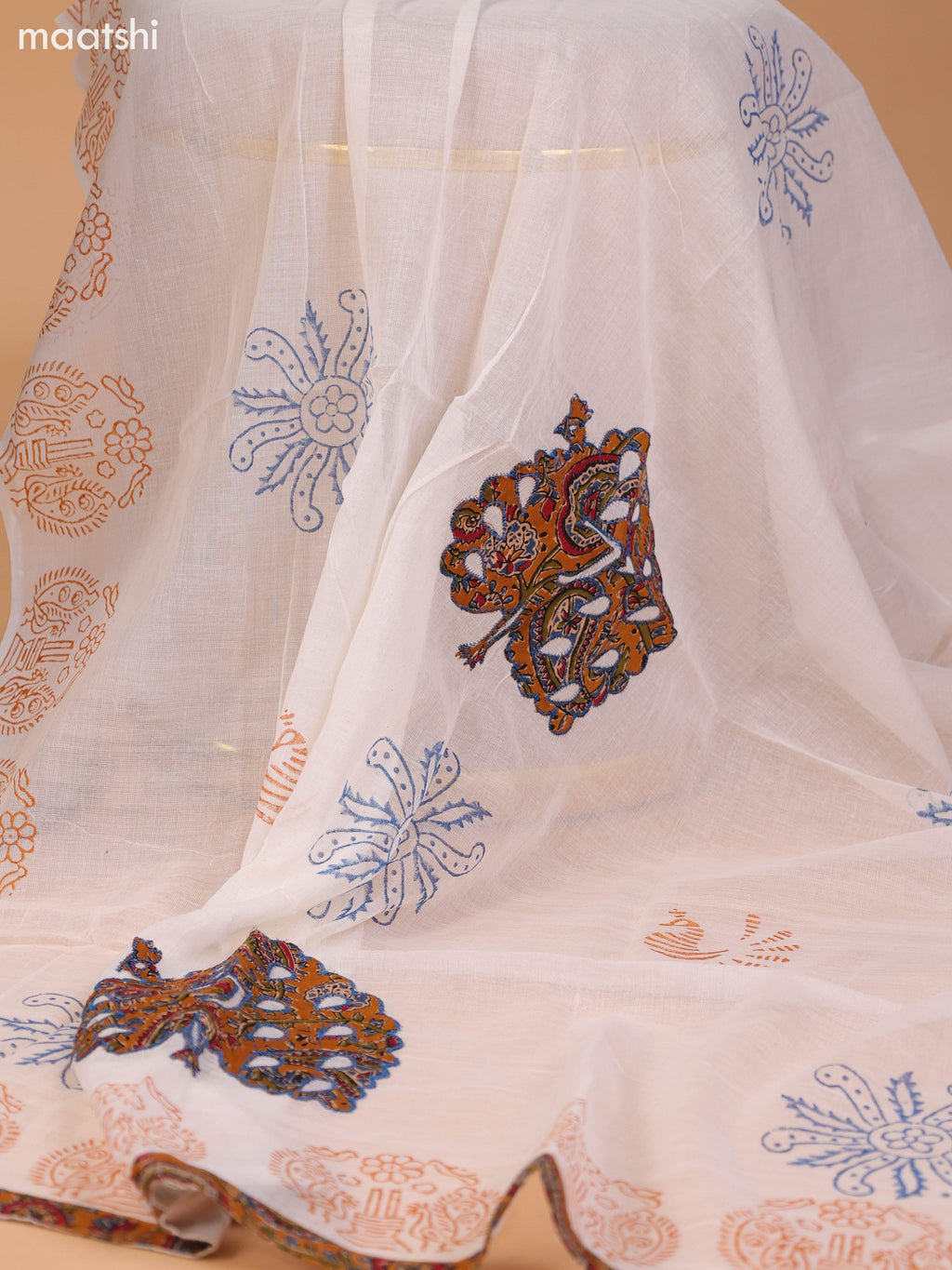 Dark Mustard and Teal Blue Cotton Dress Material With Allover Kalamkari Prints & Patch Work Neck Pattern and Bottom & Dupatta