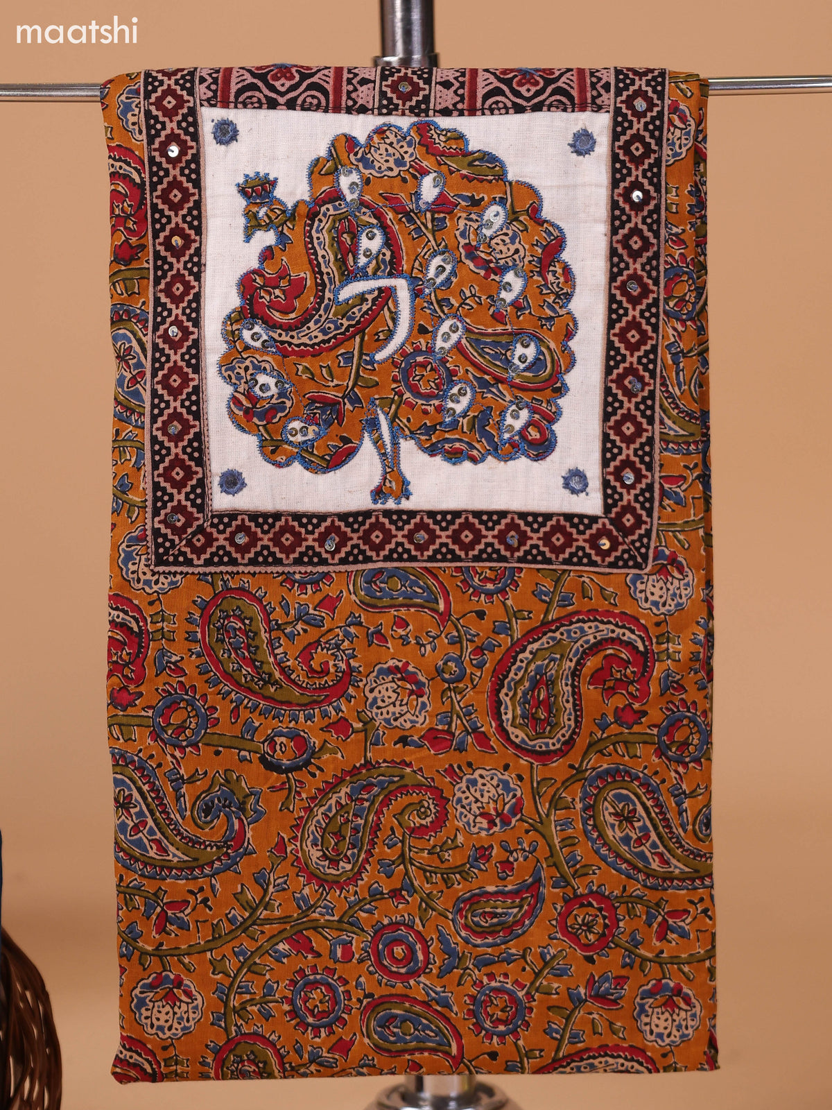 Dark Mustard and Teal Blue Cotton Dress Material With Allover Kalamkari Prints & Patch Work Neck Pattern and Bottom & Dupatta
