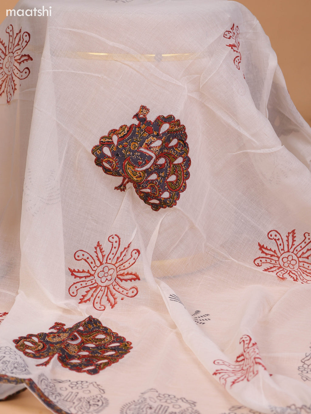 Dark Grey and Rust Cotton Dress Material With Allover Kalamkari Prints & Patch Work Neck Pattern and Bottom & Dupatta