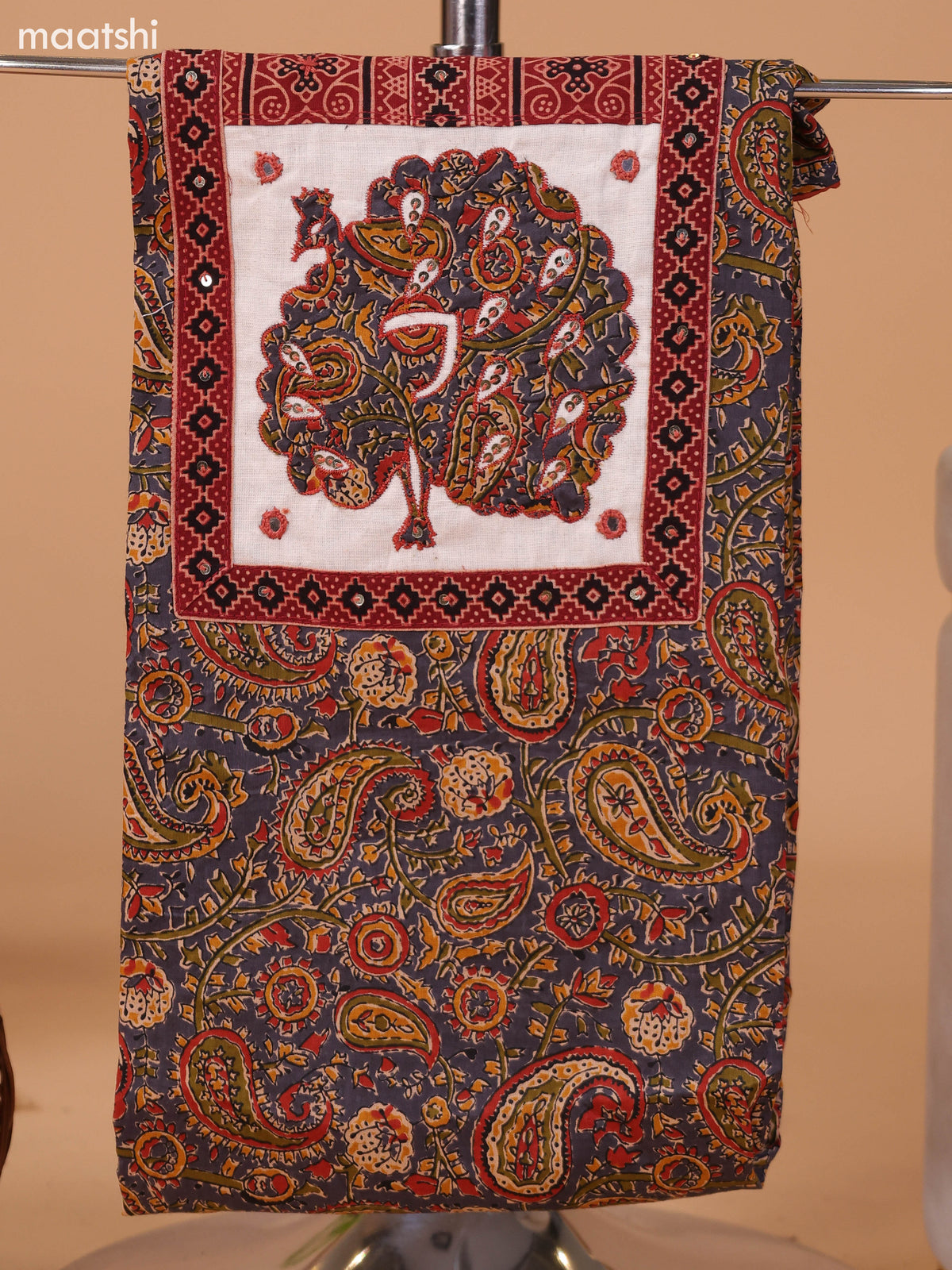 Dark Grey and Rust Cotton Dress Material With Allover Kalamkari Prints & Patch Work Neck Pattern and Bottom & Dupatta