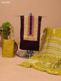 Deep Wine Shade and Mustard Yellow Cotton Dress Material With Plain Body & Embroidery Work Neck Pattern and Bottom & Dupatta
