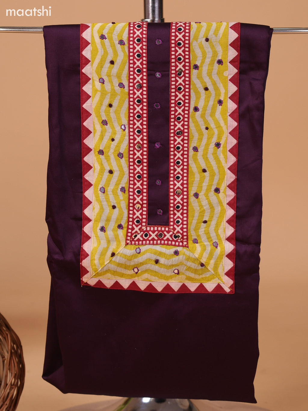Deep Wine Shade and Mustard Yellow Cotton Dress Material With Plain Body & Embroidery Work Neck Pattern and Bottom & Dupatta