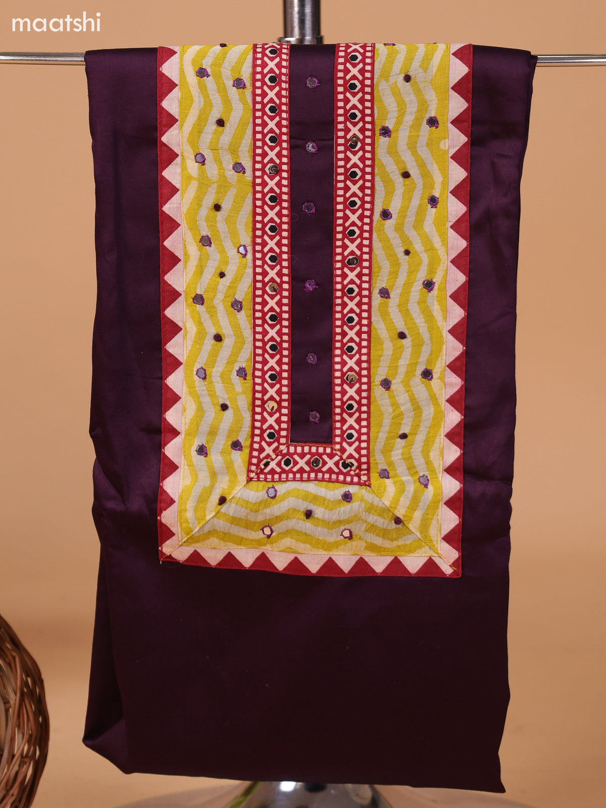 Deep Wine Shade and Mustard Yellow Cotton Dress Material With Plain Body & Embroidery Work Neck Pattern and Bottom & Dupatta