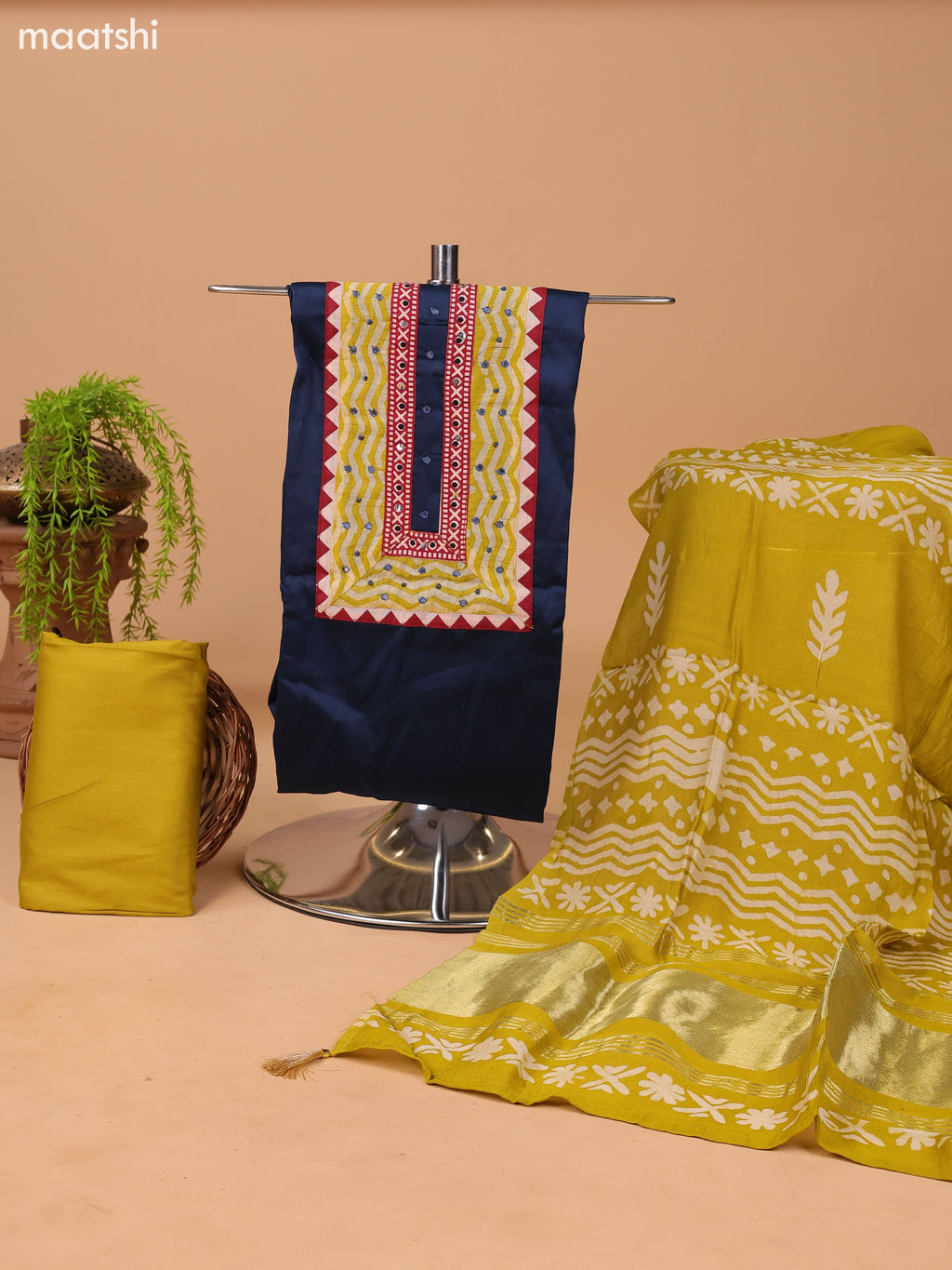 Dark Peacock Blue and Mustard Yellow Cotton Dress Material With Plain Body & Embroidery Work Neck Pattern and Bottom & Dupatta