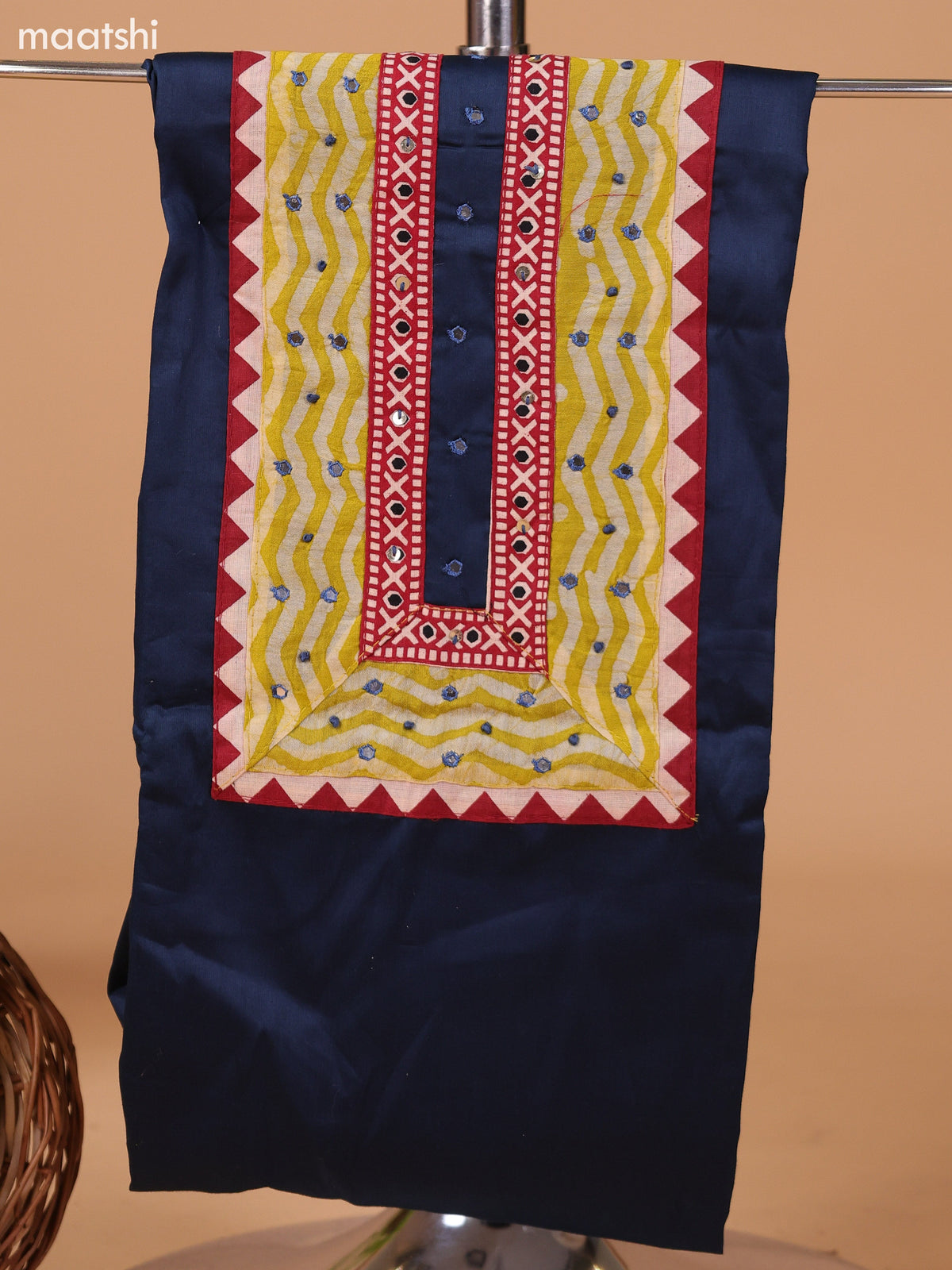 Dark Peacock Blue and Mustard Yellow Cotton Dress Material With Plain Body & Embroidery Work Neck Pattern and Bottom & Dupatta