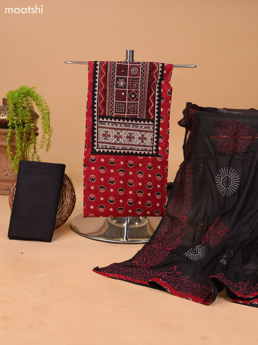 Maroon and Black Cotton Dress Material With Allover Prints & Embroidery Work Neck Pattern and Bottom & Dupatta