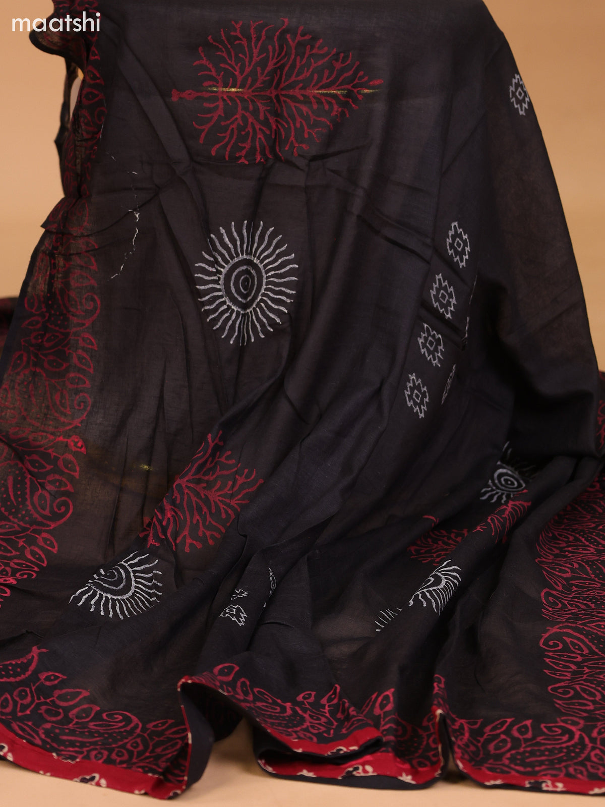 Maroon and Black Cotton Dress Material With Allover Prints & Embroidery Work Neck Pattern and Bottom & Dupatta