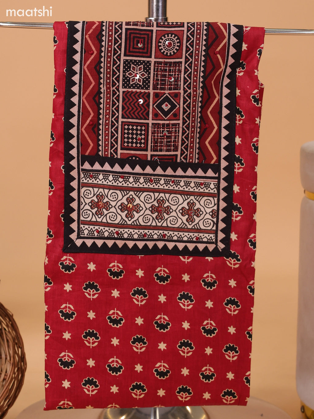 Maroon and Black Cotton Dress Material With Allover Prints & Embroidery Work Neck Pattern and Bottom & Dupatta