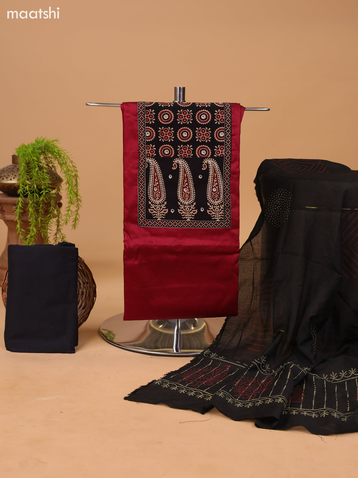 Dark Rust and Black Cotton Dress Material With Allover Prints & Embroidery Work Neck Pattern and Bottom & Dupatta