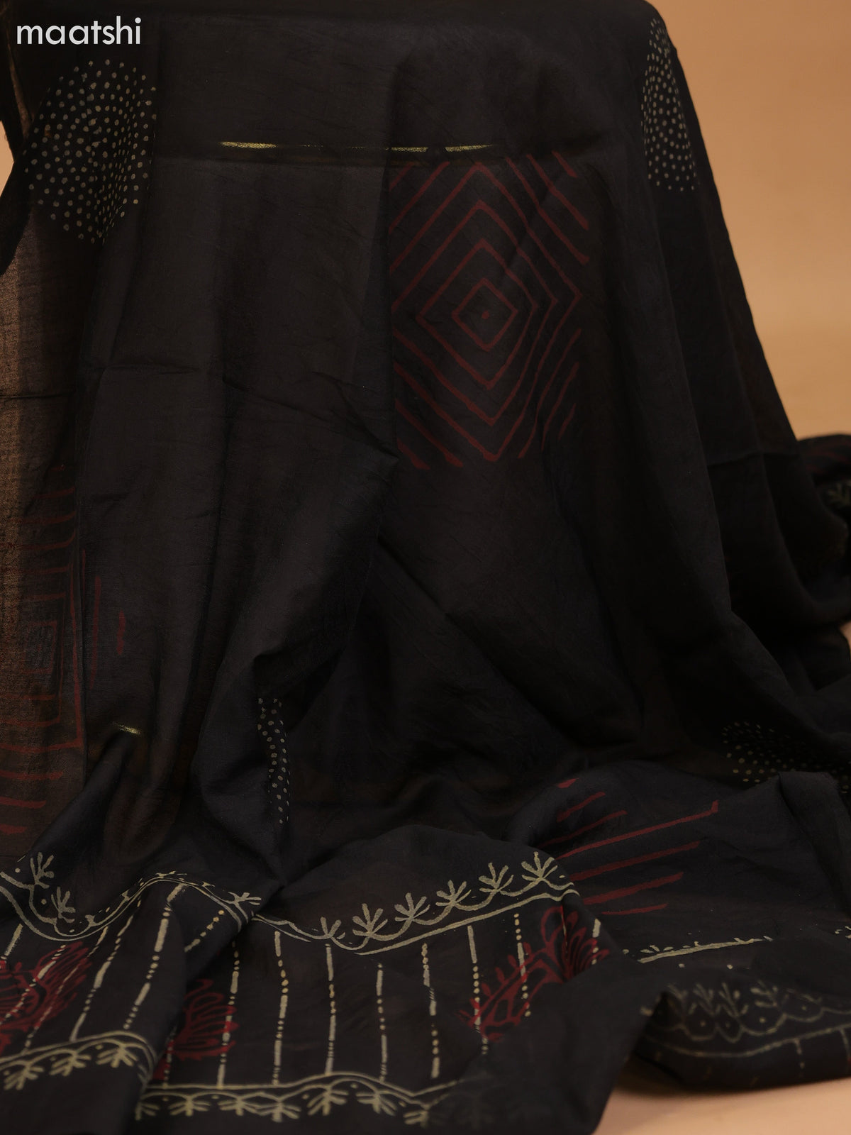 Dark Rust and Black Cotton Dress Material With Allover Prints & Embroidery Work Neck Pattern and Bottom & Dupatta