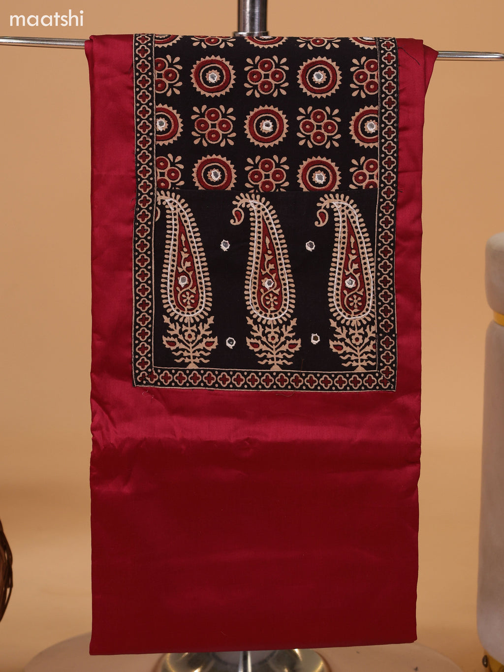 Dark Rust and Black Cotton Dress Material With Allover Prints & Embroidery Work Neck Pattern and Bottom & Dupatta