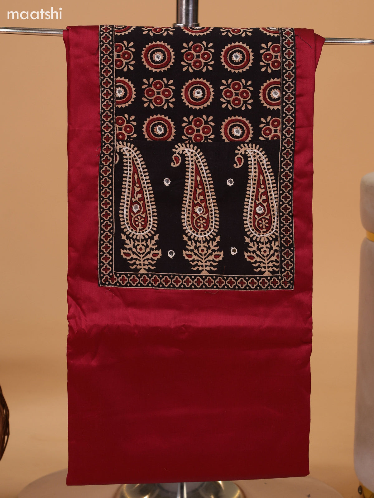 Dark Rust and Black Cotton Dress Material With Allover Prints & Embroidery Work Neck Pattern and Bottom & Dupatta