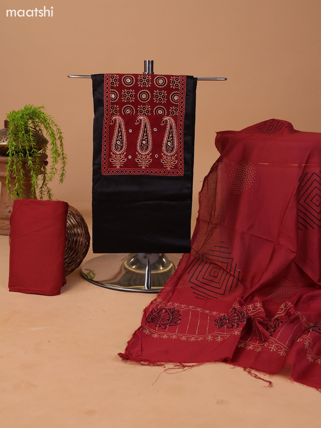 Black and Dark Rust Cotton Dress Material With Allover Prints & Embroidery Work Neck Pattern and Bottom & Dupatta