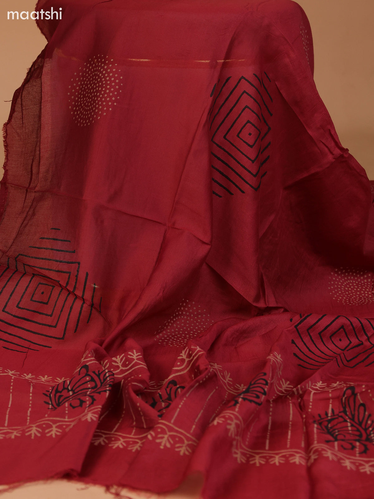 Black and Dark Rust Cotton Dress Material With Allover Prints & Embroidery Work Neck Pattern and Bottom & Dupatta