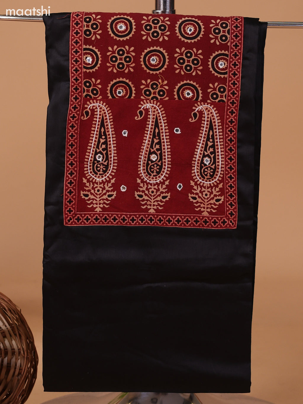 Black and Dark Rust Cotton Dress Material With Allover Prints & Embroidery Work Neck Pattern and Bottom & Dupatta