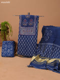 Blue and Off White Cotton Dress Material With Allover Prints & Kantha Stitch Work Neck Pattern and Bottom & Dupatta