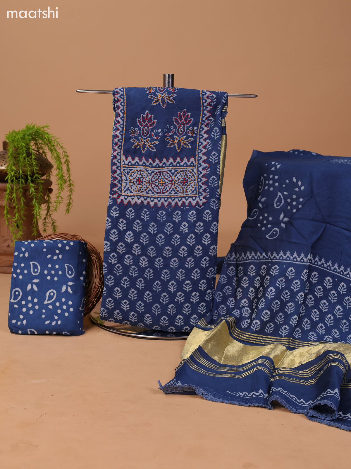 Blue and Off White Cotton Dress Material With Allover Prints & Kantha Stitch Work Neck Pattern and Bottom & Dupatta