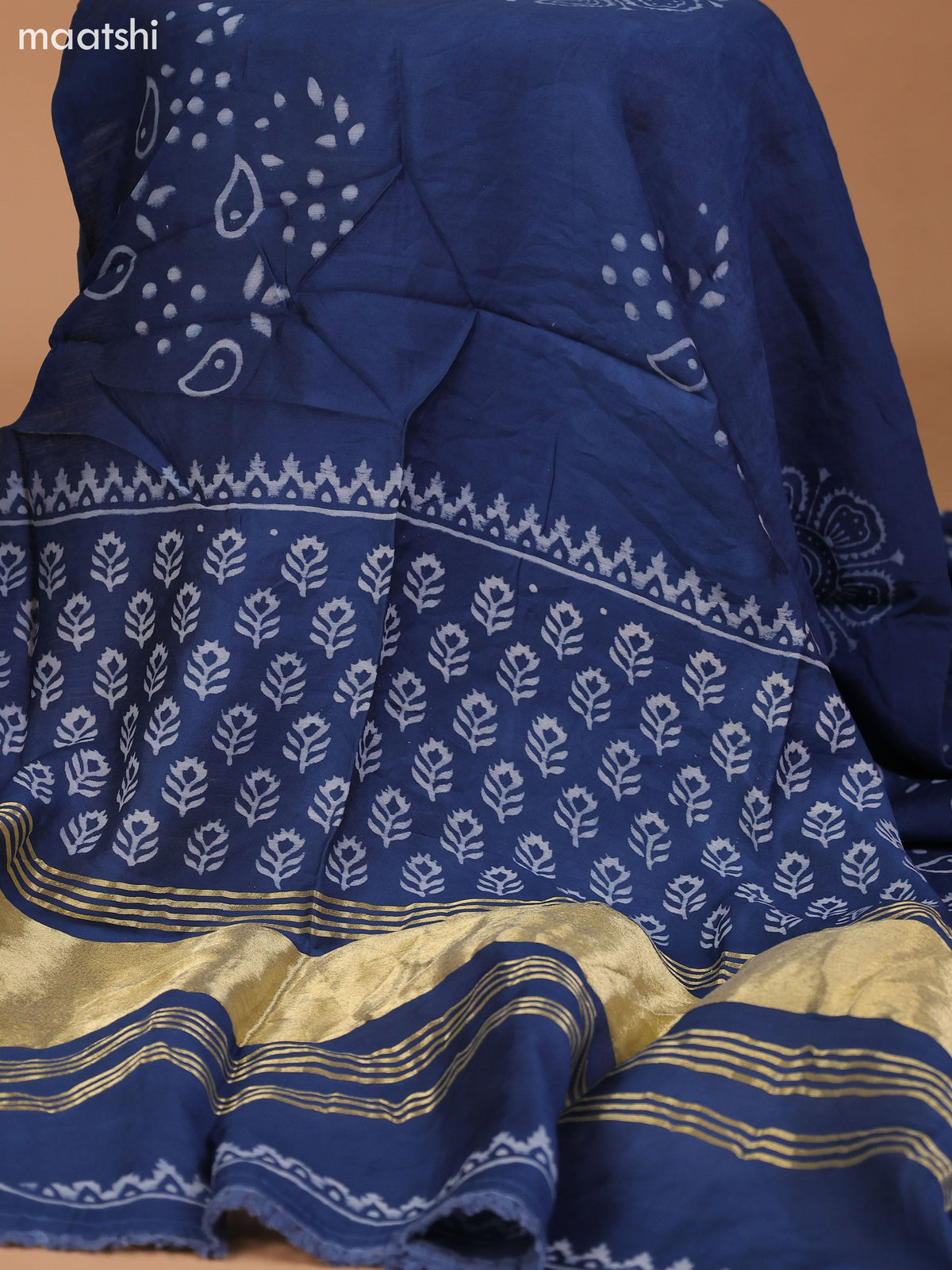 Blue and Off White Cotton Dress Material With Allover Prints & Kantha Stitch Work Neck Pattern and Bottom & Dupatta