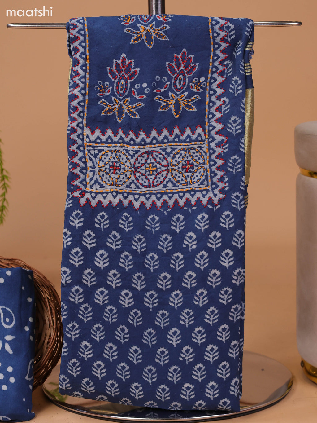 Blue and Off White Cotton Dress Material With Allover Prints & Kantha Stitch Work Neck Pattern and Bottom & Dupatta