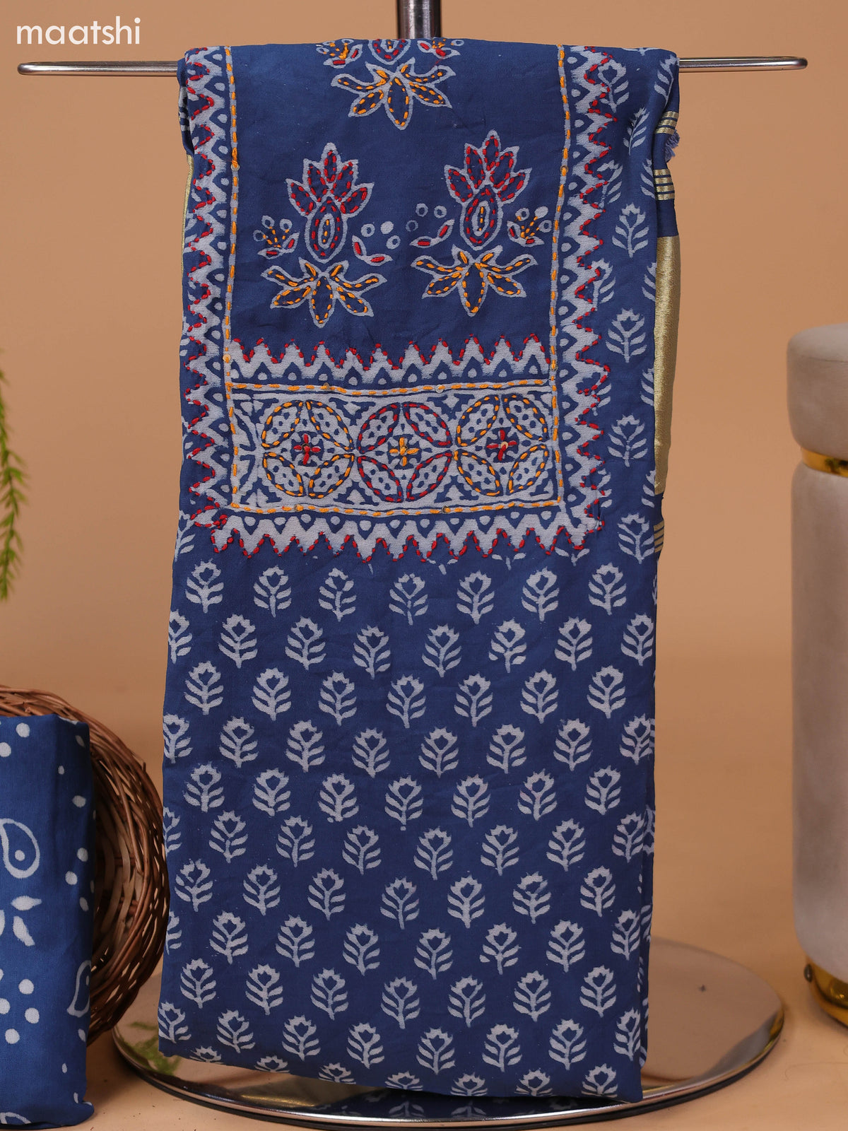Blue and Off White Cotton Dress Material With Allover Prints & Kantha Stitch Work Neck Pattern and Bottom & Dupatta