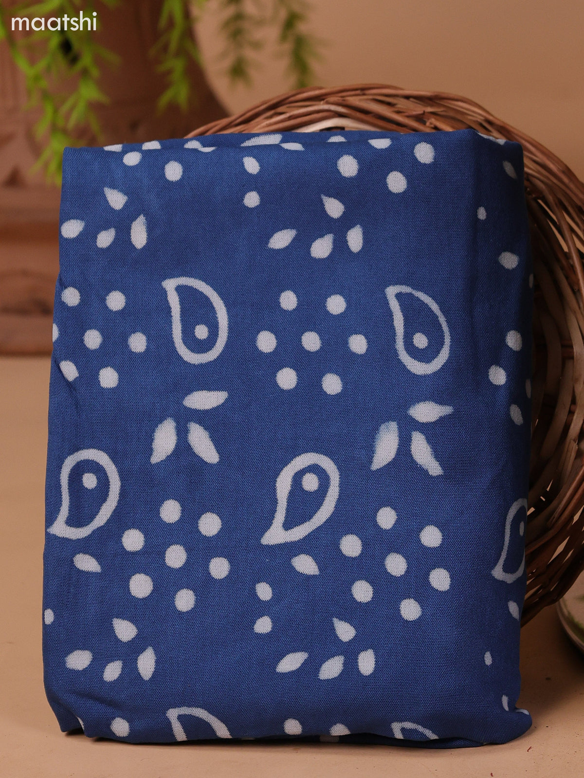 Blue and Off White Cotton Dress Material With Allover Prints & Kantha Stitch Work Neck Pattern and Bottom & Dupatta