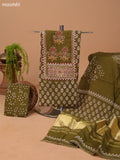 Mehendi Green and Off White Cotton Dress Material With Allover Prints & Kantha Stitch Work Neck Pattern and Bottom & Dupatta