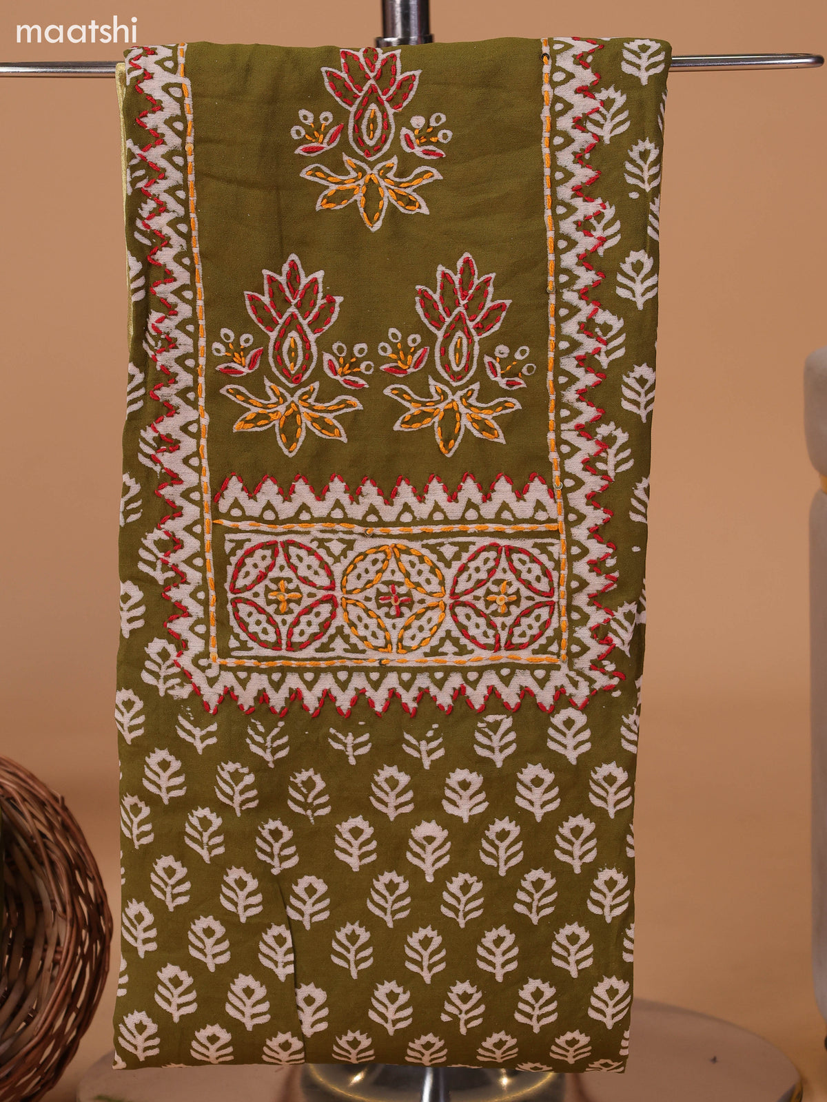 Mehendi Green and Off White Cotton Dress Material With Allover Prints & Kantha Stitch Work Neck Pattern and Bottom & Dupatta