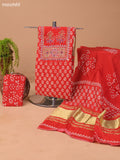 Rustic Orange and Off White Cotton Dress Material With Allover Prints & Kantha Stitch Work Neck Pattern and Bottom & Dupatta