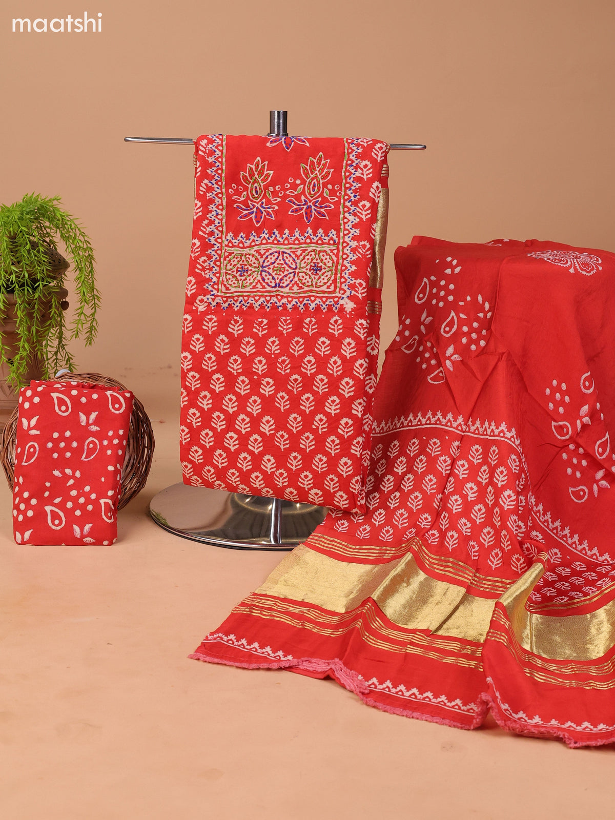 Rustic Orange and Off White Cotton Dress Material With Allover Prints & Kantha Stitch Work Neck Pattern and Bottom & Dupatta