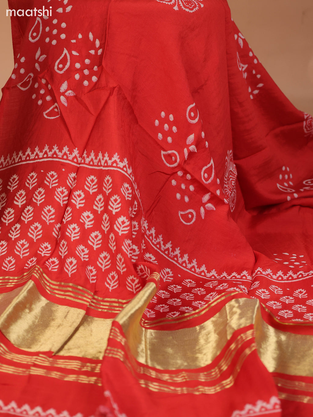 Rustic Orange and Off White Cotton Dress Material With Allover Prints & Kantha Stitch Work Neck Pattern and Bottom & Dupatta