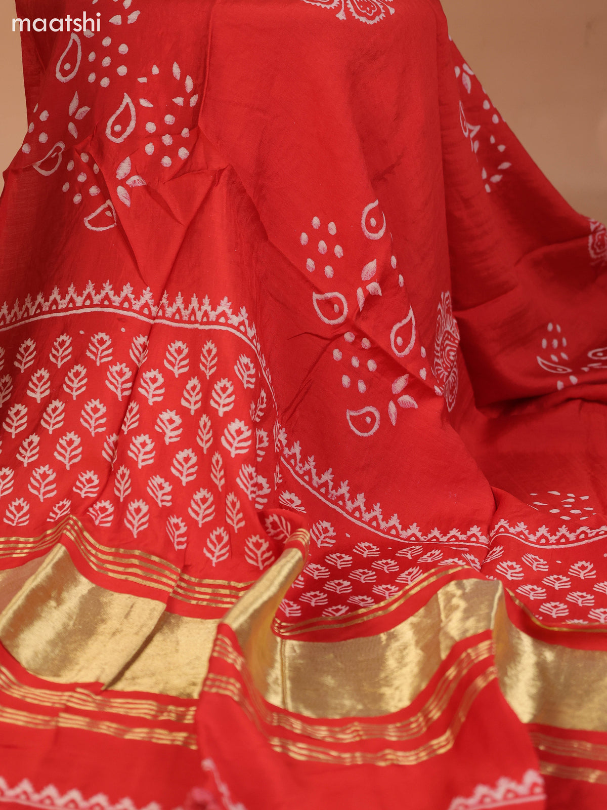 Rustic Orange and Off White Cotton Dress Material With Allover Prints & Kantha Stitch Work Neck Pattern and Bottom & Dupatta