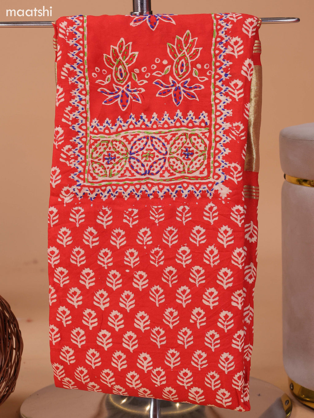 Rustic Orange and Off White Cotton Dress Material With Allover Prints & Kantha Stitch Work Neck Pattern and Bottom & Dupatta