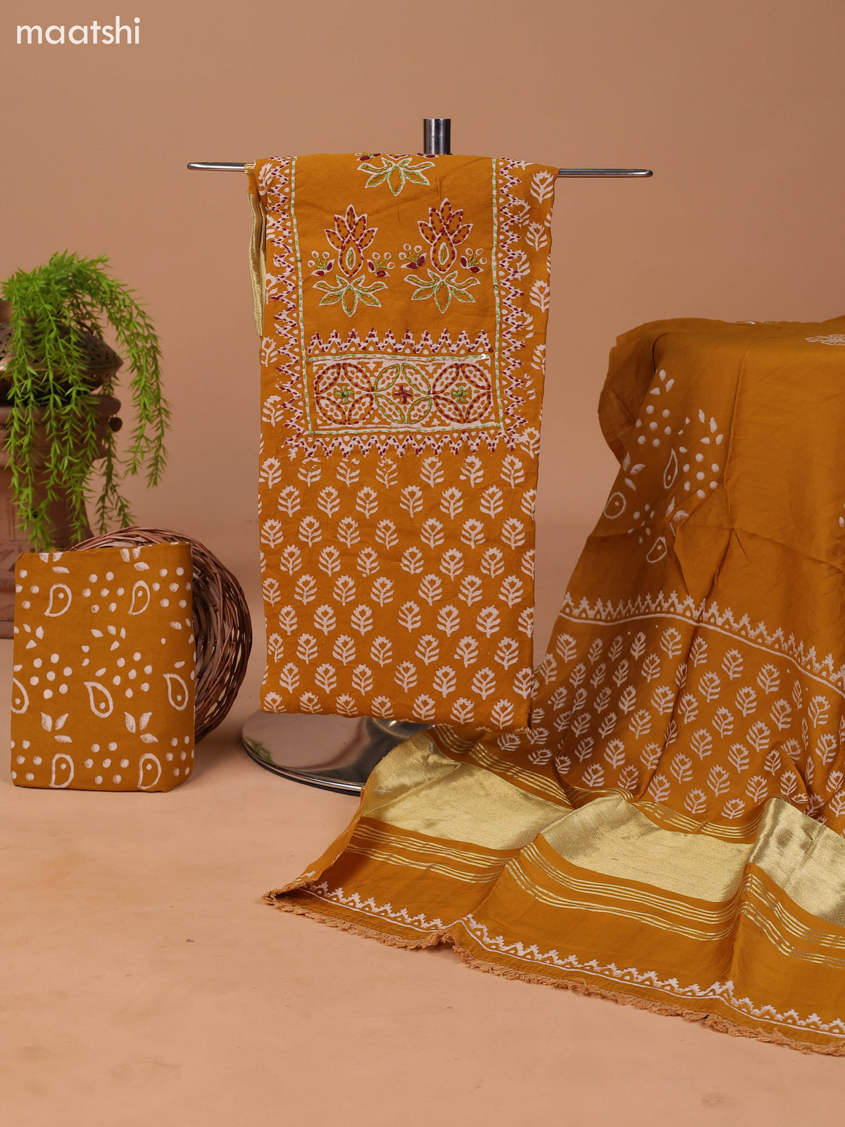 Dark Mustard and Off White Cotton Dress Material With Allover Prints & Kantha Stitch Work Neck Pattern and Bottom & Dupatta
