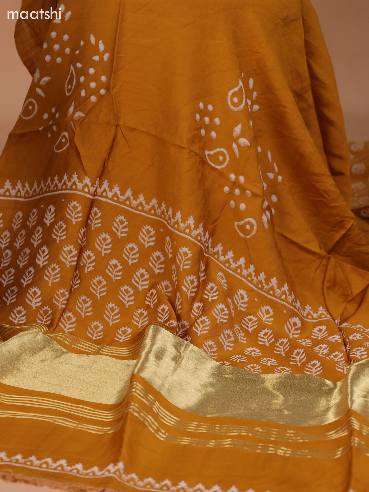 Dark Mustard and Off White Cotton Dress Material With Allover Prints & Kantha Stitch Work Neck Pattern and Bottom & Dupatta