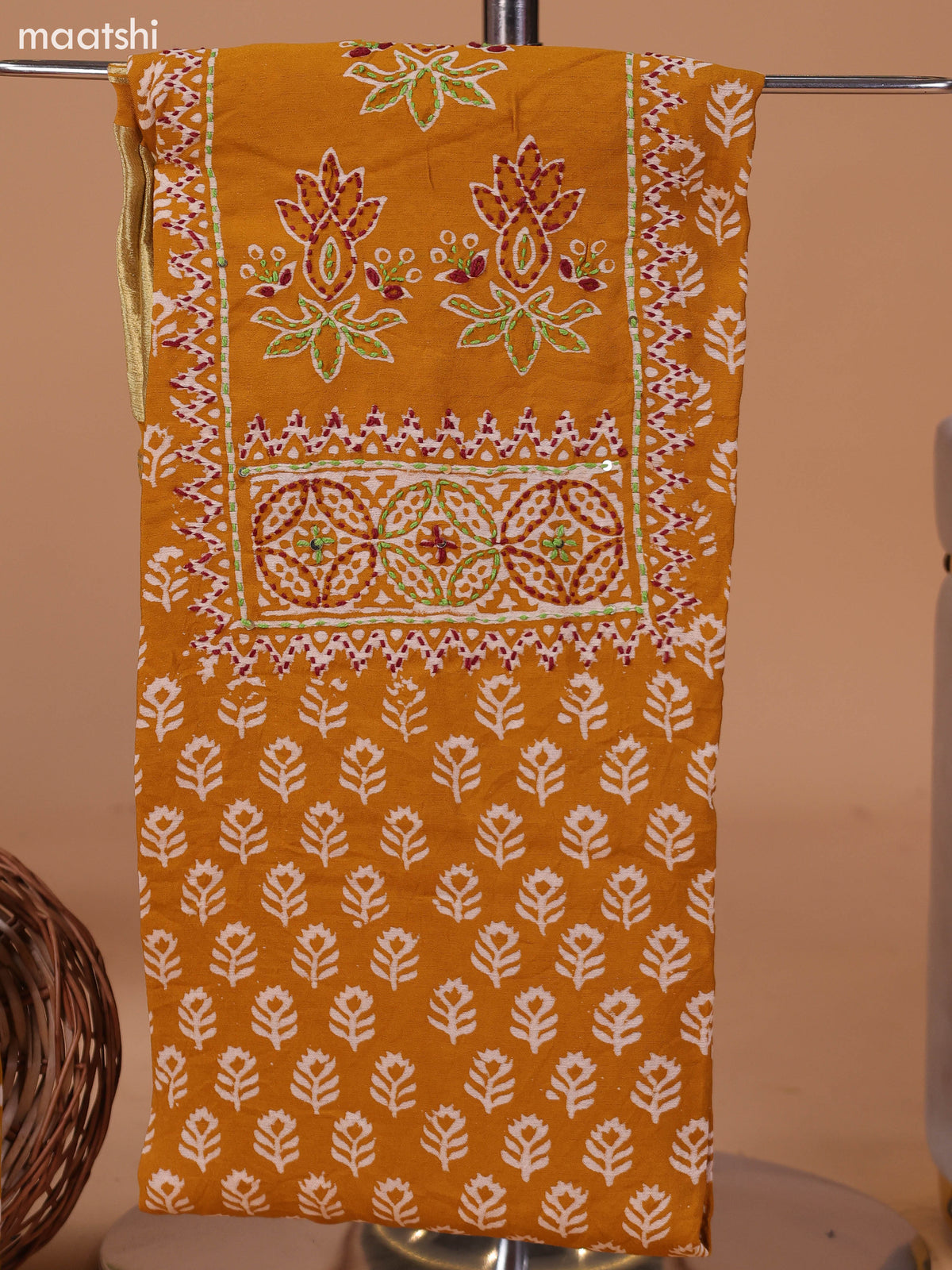 Dark Mustard and Off White Cotton Dress Material With Allover Prints & Kantha Stitch Work Neck Pattern and Bottom & Dupatta