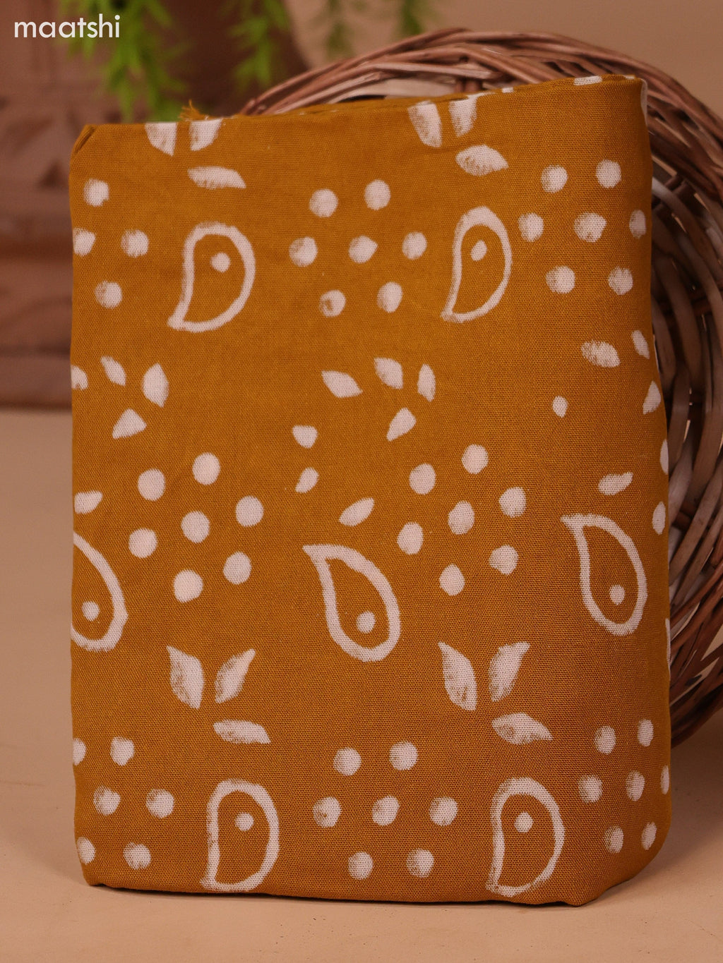 Dark Mustard and Off White Cotton Dress Material With Allover Prints & Kantha Stitch Work Neck Pattern and Bottom & Dupatta