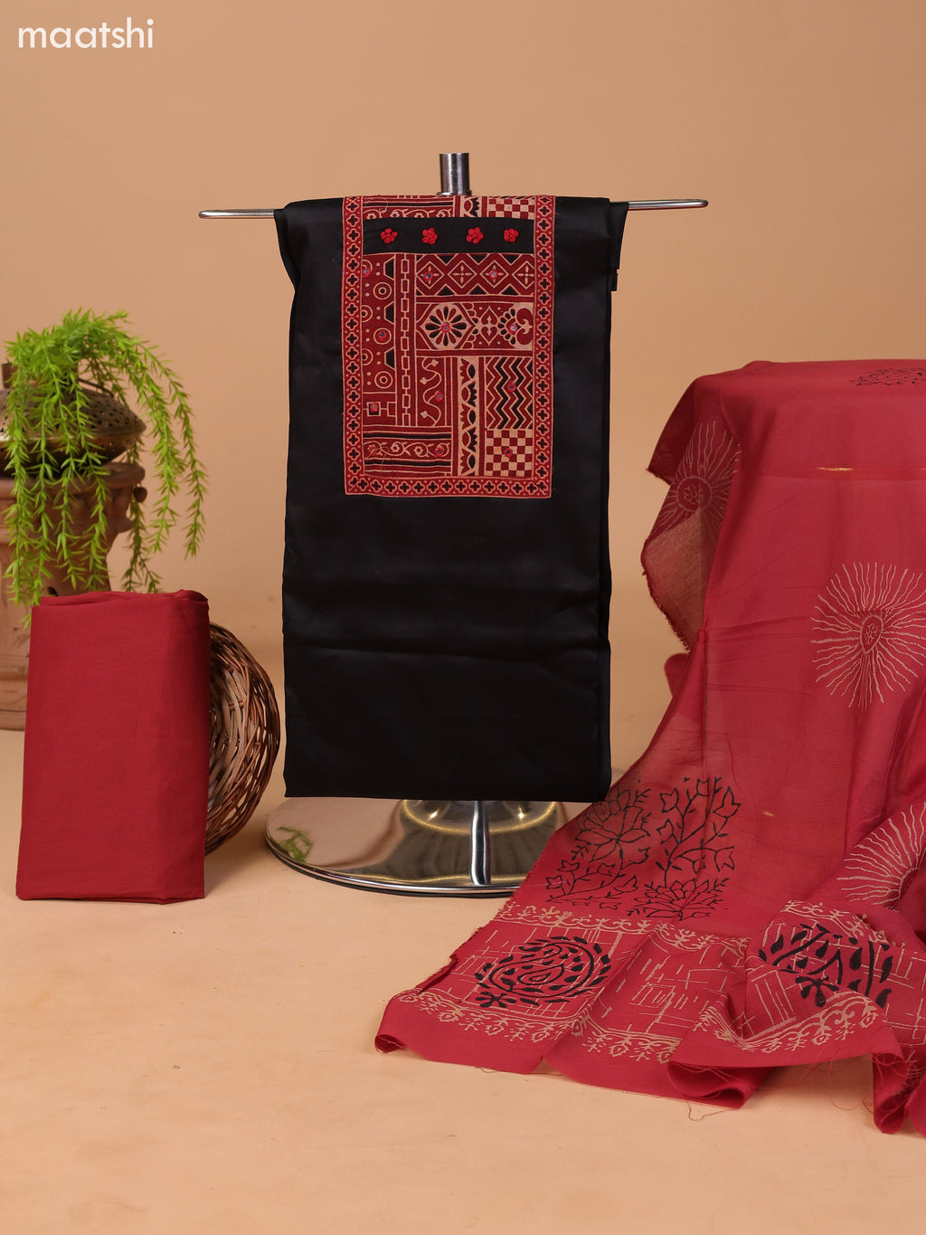 Black and Maroon Cotton Dress Material With Plain Body & Embroidery Work Neck Pattern and Bottom & Dupatta
